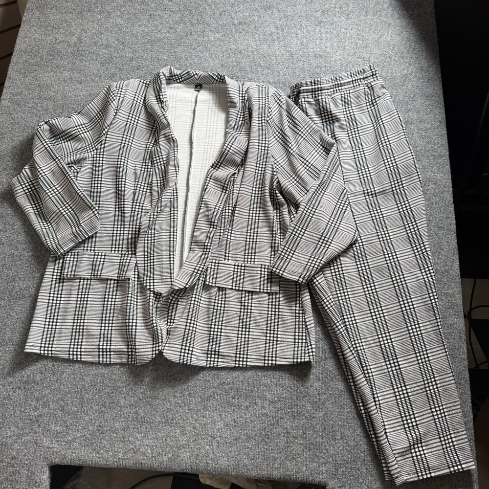Womens Plaid Suit Set Open Front Blazer Tapered Pants Work Business Casual 2PC